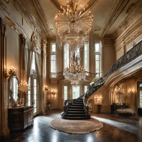 Create an awe-inspiring image of a grand foyer with a wide panel entrance. ((In the center, a majestic staircase leads upwards)), with one branch to the right and another to the left, merging gracefully at the second-floor landing. Above, a magnificent, in...