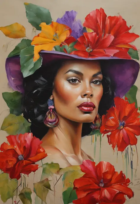 [Em uma folha de caderno de desenho com linhas azuis, A beautiful and intriguing woman looks at the viewer with a faint smile on her lips. Ela tem cabelos longos e escuros, que caem sobre os seus ombros. She wears a black hat adorned with red flowers, yell...