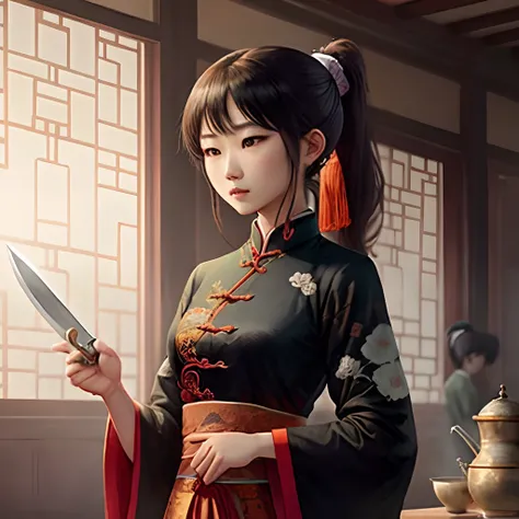 Women with high ponytails，Anime style，Black Chinese antique clothes，Long knife in hand