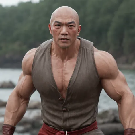 super muscular cute bald asian man , model beauty face, wearing red thong in midle of lake (professional 3d render:1.3) af (Realistic:1.3) most beautiful artwork photo in the world，Features soft and shiny male heroes, ((Epic hero fantasy muscle man rough w...