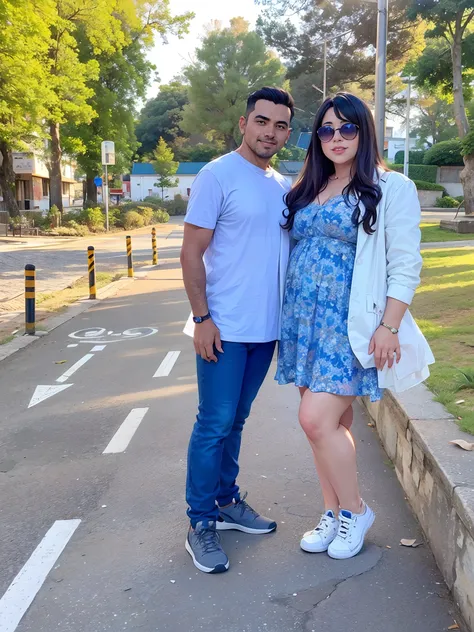 Uma linda jovem mulher, ao lado de um homem, casal apaixonado,  pode de casal, posando para a foto, um parque ao fundo, 夏天, ultra-realista, estilo anime,