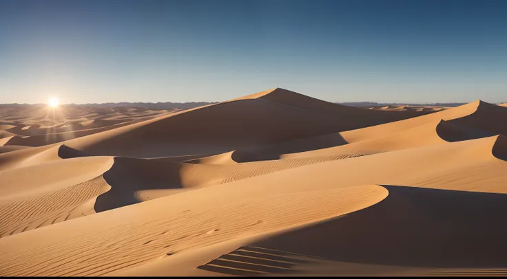 (Ocaso en el desierto, dunas interminables, luces y sombras) ,vista desde un punto alto, se ve un panorama amplio, brillo nocturno, vista lejana, realista, Warm and enveloping light, rico, Colores realistas, hermoso, Expansive photography, , Positive film,...