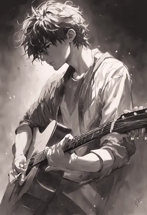 [Em uma folha de papel branco, a realistic portrait of handsome James playing guitar is drawn with graphite pencils. Hes in profile, Looking forward with a serious, concentrated expression. Ele usa um terno preto e uma gravata borboleta. He holds the guita...