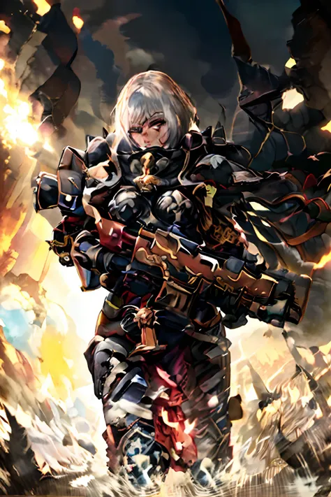 ch3rryg1g,(masterpiece:1.2), (best quality:1.2), perfect eyes, perfect face, perfect lighting, 1girl, mature whsororitas with a laser riffle in her hands, scar over one eye, eyepatch, red tabard, white hair, warhammer 40k, chaos, fire, scifi, detailed ruin...