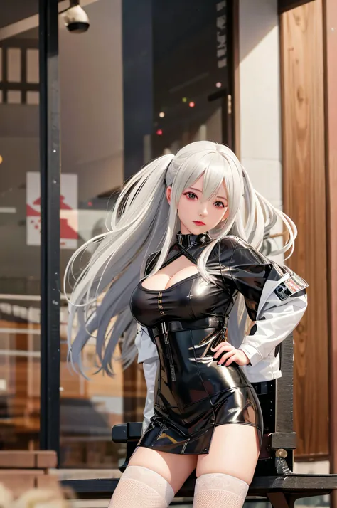 Alafe in black latex costume posing on bench, Tifa Lockhart with gray hair, Girl with white hair, azur lane style, white haired god, M4 Sopmod II Girls Frontline, photorealistic anime girl render, from girls frontline, realistic anime 3 d style, perfect gr...