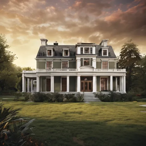 Create a captivating image showcasing the house from a slightly lower angle, capturing it in a wide panel. Two imposing columns support the roof above the main entrance, framing a pair of sturdy doors with a bat-shaped clapper. The windows of the house are...