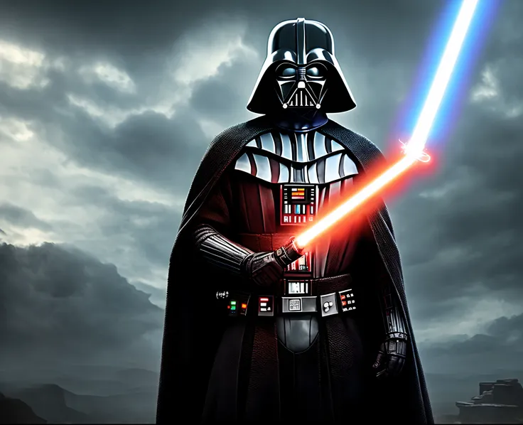 Criar um jedai com uma roupa preta,with characteristics of a villain with a look of hatred and revenge,in an apocalyptic setting in the style of the Star Wars vibe,with a red lightsaber representing the force of evil, with Darth vader features,4k com o cor...