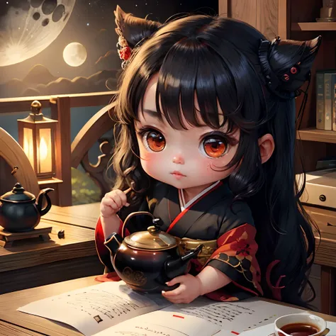 Cute baby chibi anime, brown skinned, black and red kimono, sit in the teapot thank you note, moon, long black hair