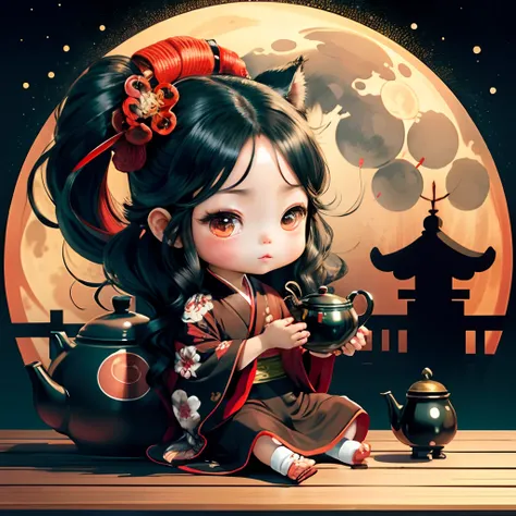 Cute baby chibi anime, brown skinned, black and red kimono, sit in the teapot thank you note, moon, long black hair