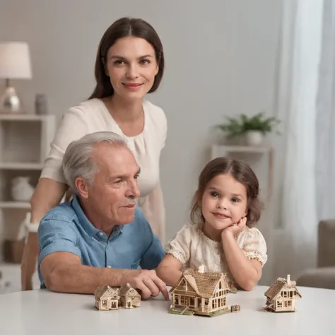 Typical Brazilian family composed of father, Mother and a couple of children playing around a table in the living room. Foto tealista em 3D