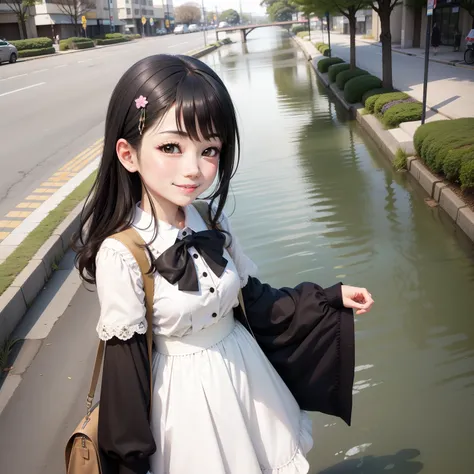 On the boulevard，By the creek，There is a cute Kaoruko Mokita smiling。