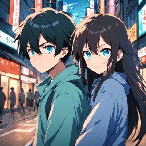 two guys walking down a street in tokyo, having fun, one black hair blue eyes, second brown long hair green eyes, 2000 vibes, 2000s anime