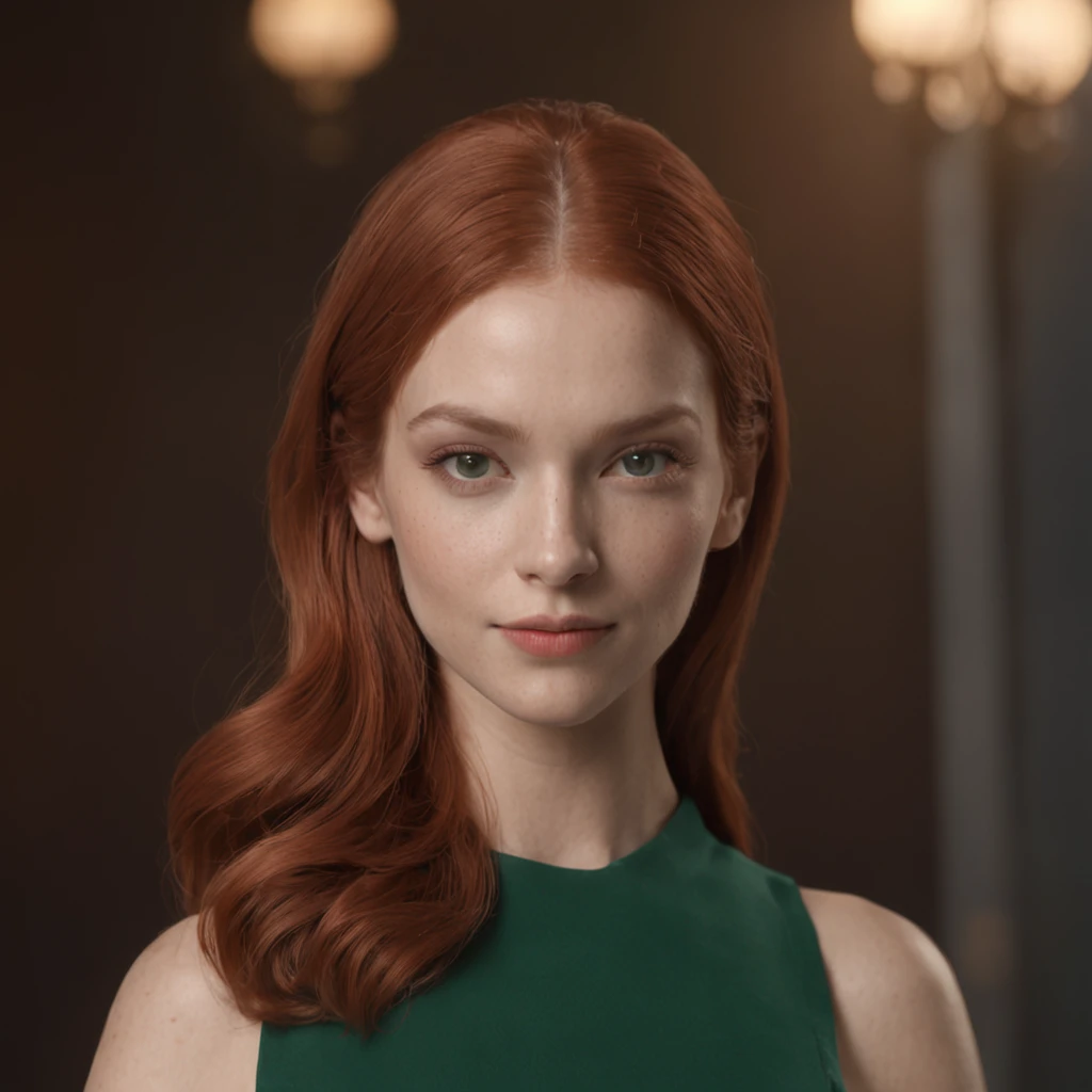 (Professional 3D rendering:1.3) de (Realistic:1.3) foto de arte mais bonita do mundo，mulher ruiva na cafeteria, (( epic fantasy elegant woman movie universe riverdale netflix, long red hair pale ginger clothes moss green and black )), corpo inteiro 8k unid...