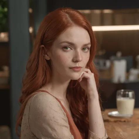 (Professional 3D rendering:1.3) de (Realistic:1.3) foto de arte mais bonita do mundo，mulher ruiva na cafeteria, (( epic fantasy elegant woman universe movies riverdale netflix, long red hair pale ginger clothes moss green and black )), corpo inteiro 8k uni...