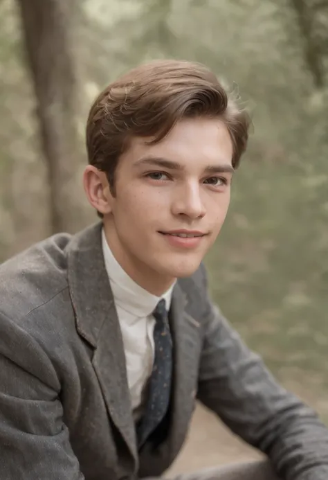 A vintage grainy low quality realistic photograph in the 60s, a handsome young man smiling, sitting on a bench, 60s quality,1960s grainy quality,