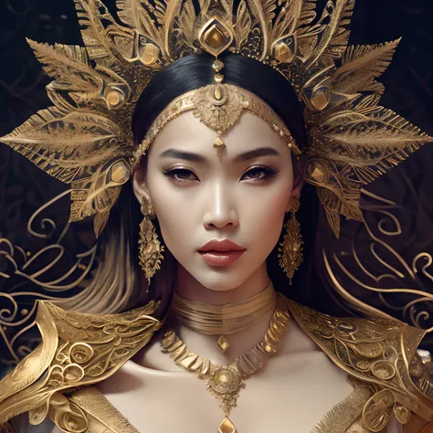 ultrarealistic portrait of a woman with tan skin, and black hair, southeast asian woman,wearing gold crafted headpiece, 8k photo...