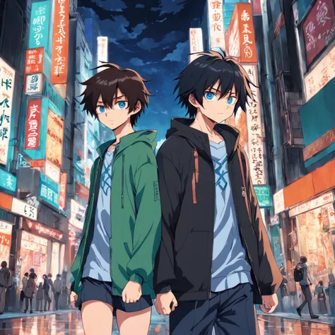 two guys walking down a street in tokyo, having fun, one black hair blue eyes, second brown long hair green eyes, 2000 vibes, 2000s anime