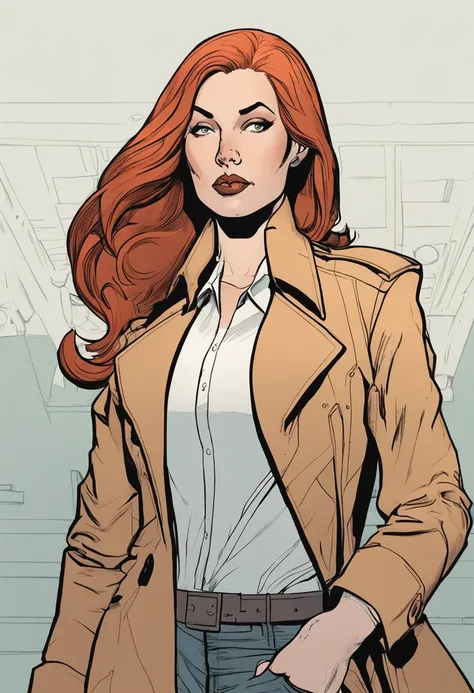 um close up de uma pessoa em um trench coat e jeans, arte oficial do personagem, official character illustration, adam hughes, Closeup da arte do personagem, pesquisadora do sexo feminino, Retrato de corpo inteiro de Jean Grey, arte detalhada do personagem...