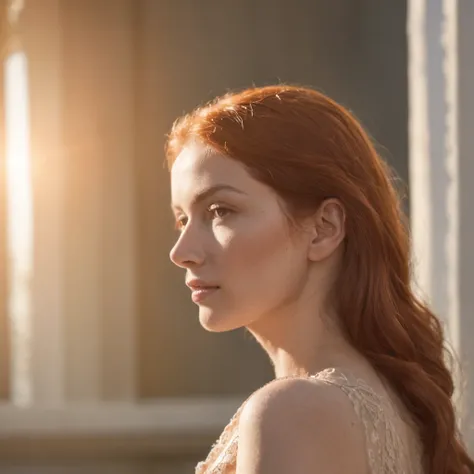 There is a red-haired woman pale ginger who is looking out the window at the sun, Comercial de TV, cinematic morning light, summer morning light, Luz Natural Canon EOS C 3 0 0, luz solar da hora dourada, radiant morning light, morning golden hour, natural ...