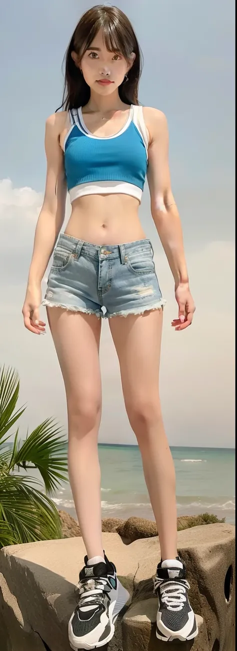 arafed woman in a short shorts and a tank top standing on a rock, very short pants, bra and shorts streetwear, in shorts, normal legs, female outfit, booty shorts, legs visible, short robust woman, skimpy shorts, sexy girl wearing shorts, thighs, realistic...