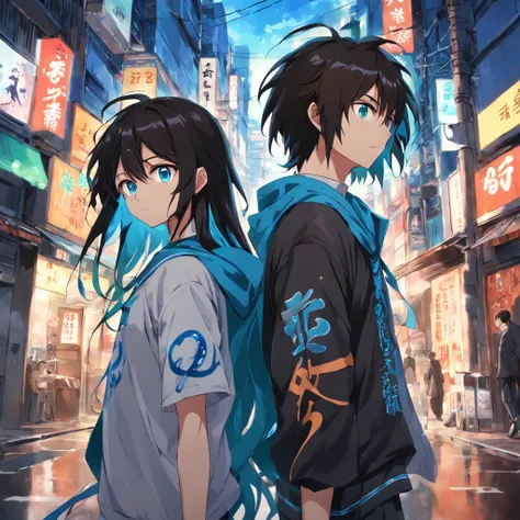 two guys walking down a street in tokyo, having fun, one black hair blue eyes, second brown long hair green eyes, 2000 vibes, 2000s anime