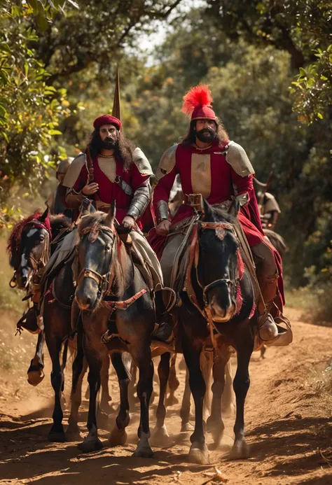 uma caravana medieval com cavaleiros em seus cavalos viajando pela estrada, com os cavalos cobertos pelo manto real vermelho