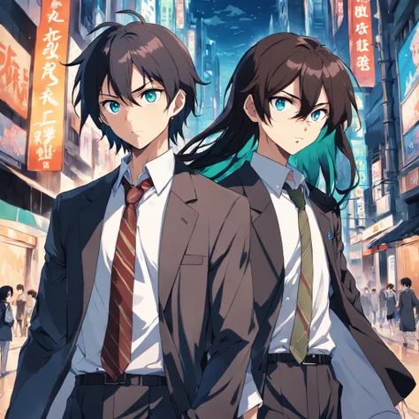 two guys walking down a street in tokyo, having fun, one black hair blue eyes, second brown long hair green eyes, 2000 vibes, 2000s anime, one dressed business formal the other casual