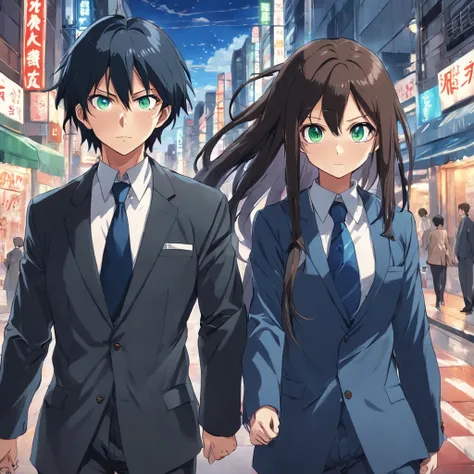 two guys walking down a street in tokyo, having fun, one black hair blue eyes, second brown long hair green eyes, 2000 vibes, 2000s anime, one dressed business formal the other casual