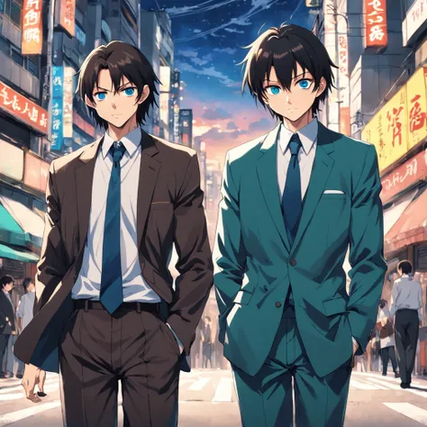 two guys walking down a street in tokyo, having fun, one black hair blue eyes, second brown long hair green eyes, 2000 vibes, 2000s anime, one dressed business formal the other casual