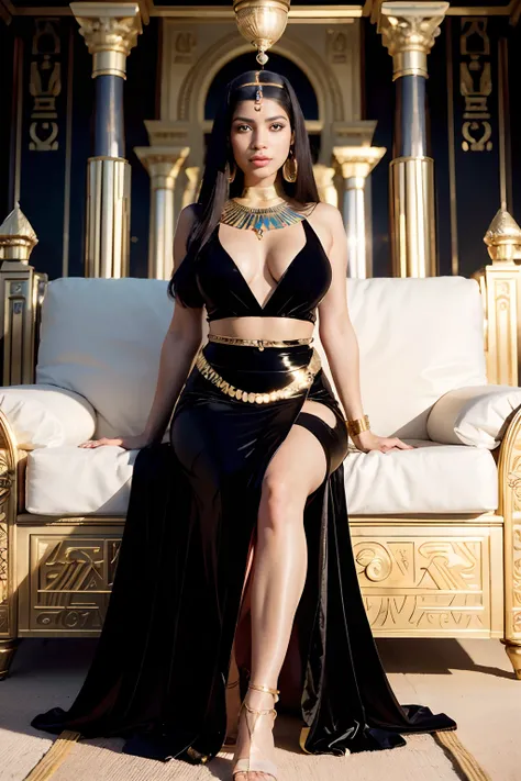 cleopatra, egyptian queen, light brown eyes, glowing eyes, black glossy hair, long hair, resting on a cushion, golden dress, glowing dress, egyptian palace, golden ornaments, lens flares, raytracing reflexes, iridiscente reflexes, glossy diamond earrings, ...