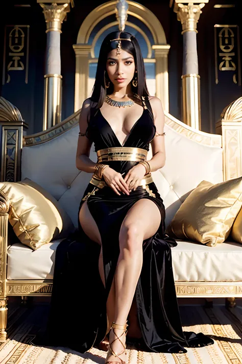 cleopatra, egyptian queen, light brown eyes, glowing eyes, black glossy hair, long hair, resting on a cushion, golden dress, glowing dress, egyptian palace, golden ornaments, lens flares, raytracing reflexes, iridiscente reflexes, glossy diamond earrings, ...