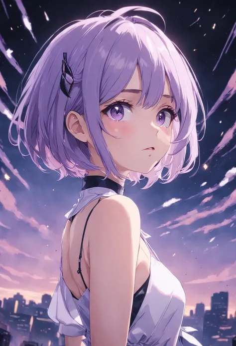 Light purple hair, Solo, woman, adult, medium boobs, purple pastel purple hair, forehead, pretty outfit,  short hair. DARK BLUE EYES, full-body