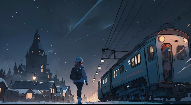 masterpiece, cinematic angle, dynamic framing, back shot poster a back view of a beautiful, slim redhead woman wearing a bright blue sweater, tights, beanie and a backpack getting off a train into a small, creepy town at night, weather snowing, snowy, bliz...