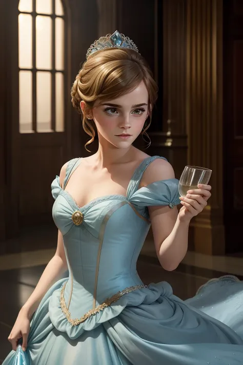 Emma Watson as Cinderella, her hair in a delicate updo, a glass slipper in her hand.