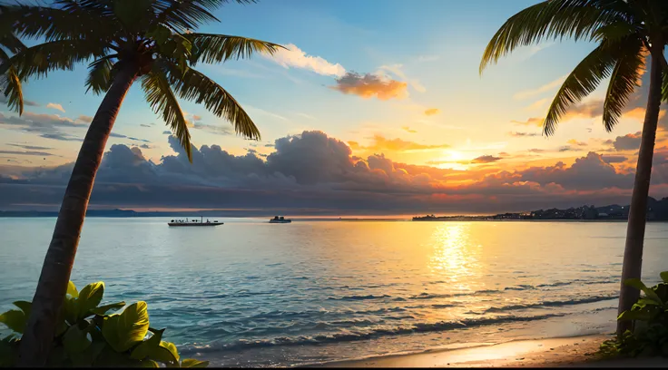 (8K,RAW photos,highest quality, masterpiece,HDR,bloom:1.2),girl,desktop wallpaper,outdoor,cinematic lighting,morning,clouds,Sea,beach,Summer,sky,sun,Coconut tree