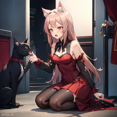 anime girl in a red dress stroking a cat on the ground, attractive cat girl, beautiful young catgirl, beautiful anime catgirl, v...