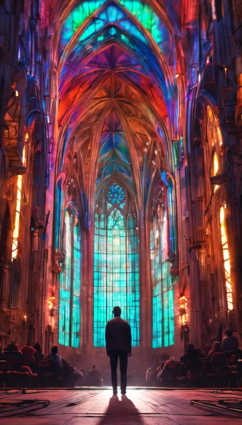 Ambiente realista de uma catedral escura, com luzes passando por vitrais coloridos. Ao centro, seen from the back a musician with guitar on his back.