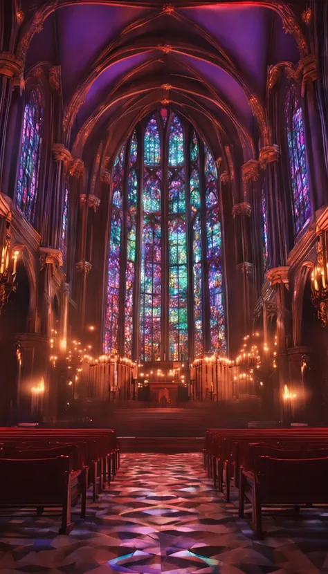 Ambiente realista de uma catedral escura, com luzes passando por vitrais coloridos. Ao centro, um piano