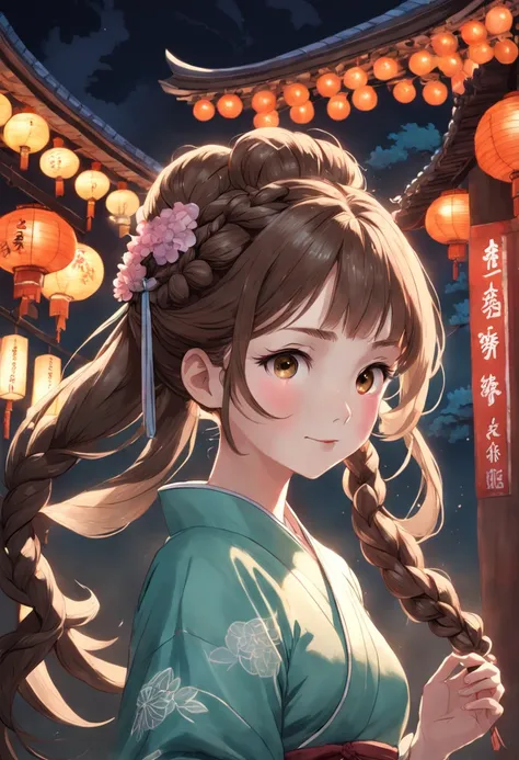 Masterpiece, Best quality, Night, full moon, 1 girl, Mature woman, Chinese style, Ancient China, Sister, Imperial sister, Smile, Brown hair, Princess cut, Single strip of fried dough twisted braid, Coiled hair, Double ball head, Light pink lips, calm, Inte...