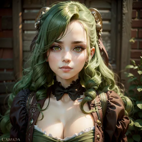 Garota realizada de cabelo verde, olhos amarelo, garota realizada, cabelo verde, steampunk , realistas