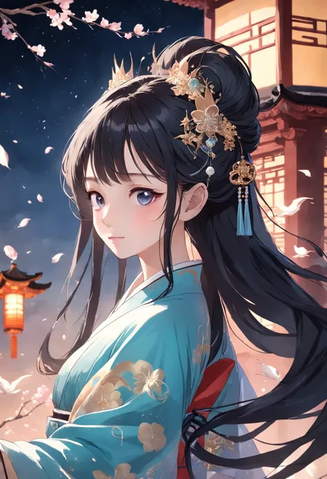 Mature girl ，black color hair，Floating hair，Delicate and agile eyes，Starry pupils，Intricate damask hanfu，Gorgeous accessories，Wearing pearl earrings，fov，f1.8，tmasterpiece，Complexscenes，Petals flying，Frontal portrait shot，Change special forces，temperament，b...