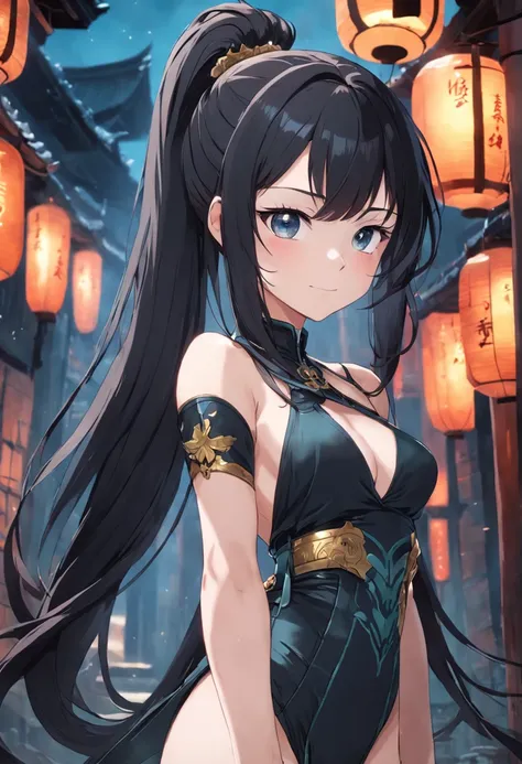 commando，temperament，beautiful and seductive，knight-errant，High ponytail，Peerless beauty，Fine，perfect bodies，hair adornments，long whitr hair，Absolutely beautiful，Black jumpsuit，agent，Black belly，Ace，Smile，ancientry，Hanfu，the detail