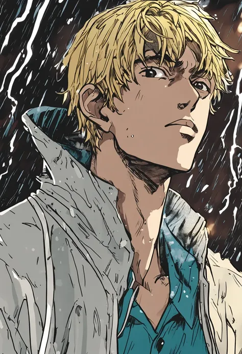 Anime guy with cigarette in hand and cigarette in mouth in the rain, Sanji, from one piece, kentaro miura manga art style, chuva!!!!, Kentaro Miura Arte, coloured manga scan, arte chave detalhada do anime, Directed by: Kentaro Miura, fan art, Directed by: ...