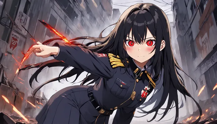 (masterpiece, best quality: 1.2), Solo, 1girl, Yoru (Chainsaw Man), looking at the viewer, different poses, red eye, long hair, completely black hair, reference to clothing of a German WWII general, black long sleeves (best quality), scar on face, beautifu...