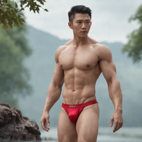 super muscular cute asian men wearing red thong in midle of lake (professional 3d render:1.3) af (Realistic:1.3) most beautiful artwork photo in the world，Features soft and shiny male heroes, ((Fantastic location, Majestic cluttered environment)), full bod...