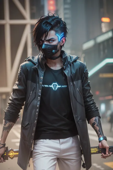 (best quality) (extra high definition) man with neon mask, dark style, black titanium armor blue details, looking at you, sword in hand, cyberpunk city