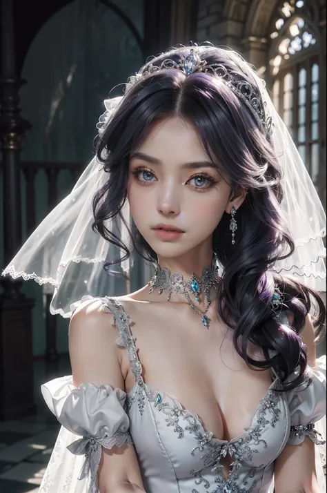 1Bride with mermaid wedding dress in satin, short lace sleeves, ruffled. Long veil. Silver and sapphire jewelry and embellishments. Dark purple hair, green gray eyes. Silver tiara, elegant make-up. Castle as background, cinematic light, highly detailed.