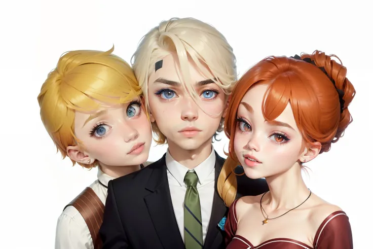 Tres personajes, dos chicos y una chica, la chica tiene el cabello naranja con ojos morados, los chicos pelo rubio con ojos azules, They take a picture at the prom, el chico del medio con cara un poco enfadada y los otros dos sonrientes, estilo manhwa, est...