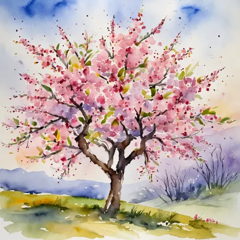 A vibrant spring landscape with an almond tree in full bloom,