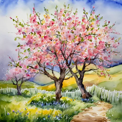 A vibrant spring landscape with an almond tree in full bloom,